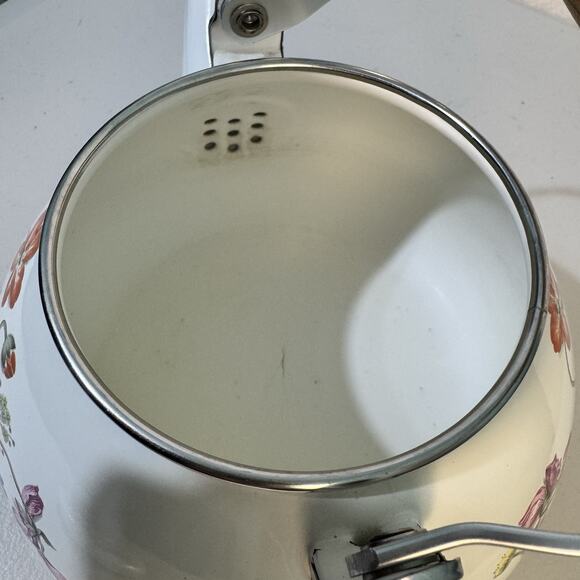 VTG Enamel White Stovetop Tea Pot Kettle Wood Handle Flowers Cottage Garden - Picture 7 of 8